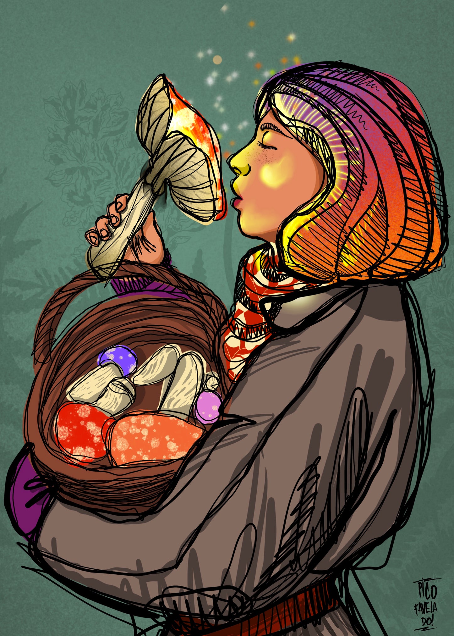 Woman and magic mushrooms